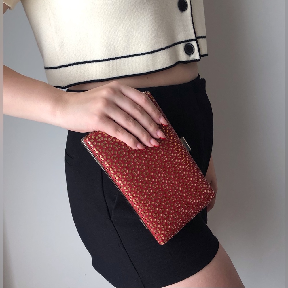 Red & Gold Geometric Cutout Clutch with Chain - Picture 3 of 11